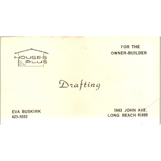 Eva Buskirk Drafting Houses Plus Long Beach CA Vintage Business Card SD8-B3