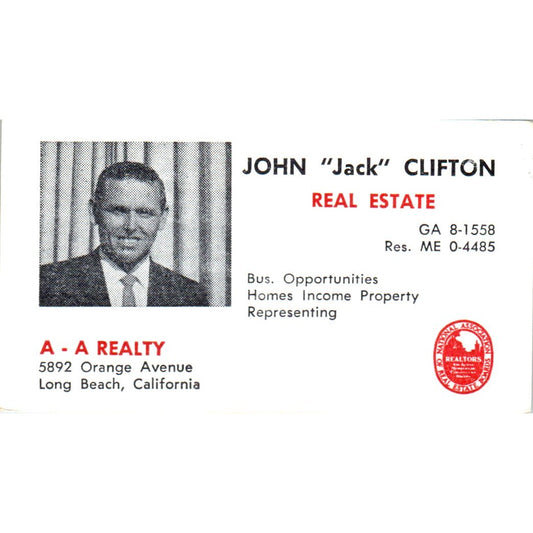 John Jack Clifton Real Estate A-A Realty Long Beach Vintage Business Card SD8-B1