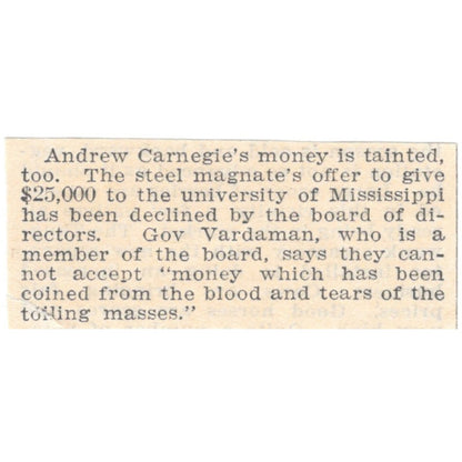 Gov Vardaman Calls Carnegie Donation Tainted Money 1905 Magazine Ad AF1-NES2