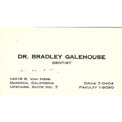 Dr Bradley Galehouse Dentist Gardena CA Vintage Business Card SE3-B15