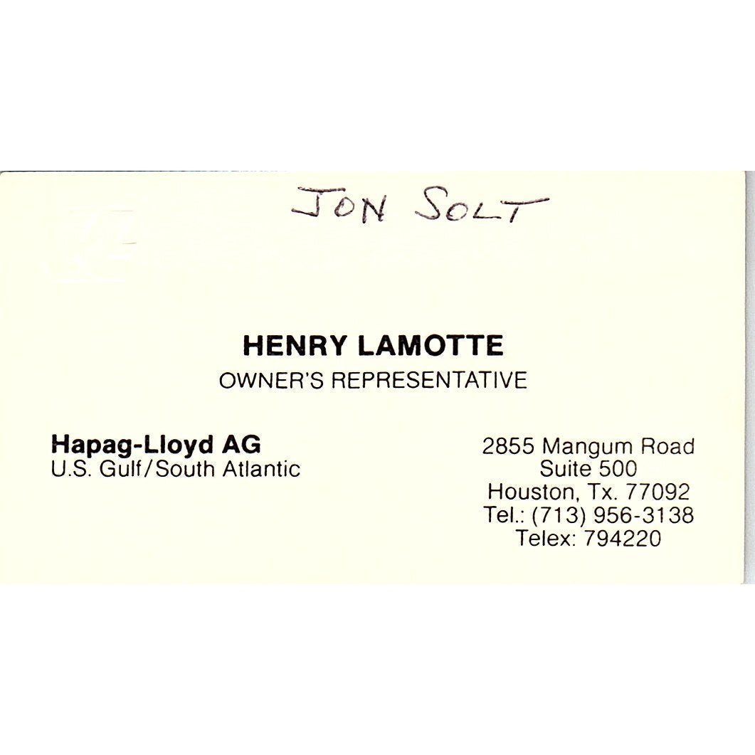 Henry LaMotte Hapag-Lloyd Ag Houston Vintage Business Card SC9-B2