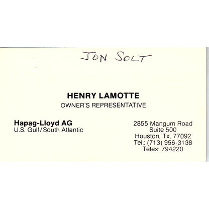 Henry LaMotte Hapag-Lloyd Ag Houston Vintage Business Card SC9-B2
