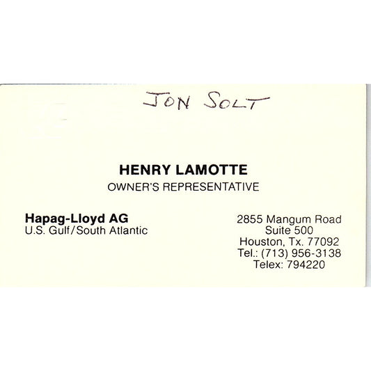 Henry LaMotte Hapag-Lloyd Ag Houston Vintage Business Card SC9-B2