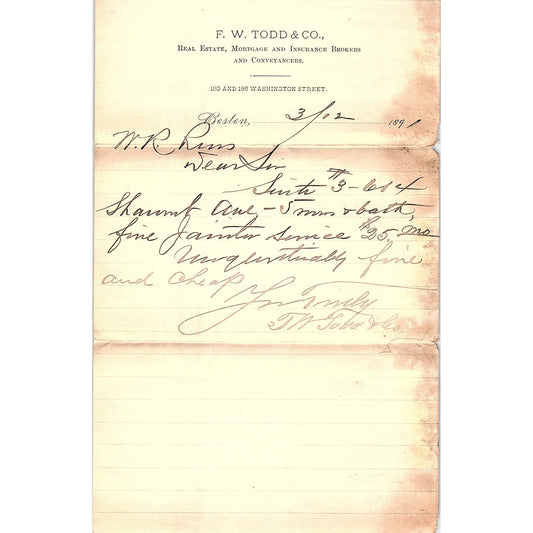 1891 F.W Todd & Co Real Estate 186 Washington St Boston MA Letterhead Memo AF4-1