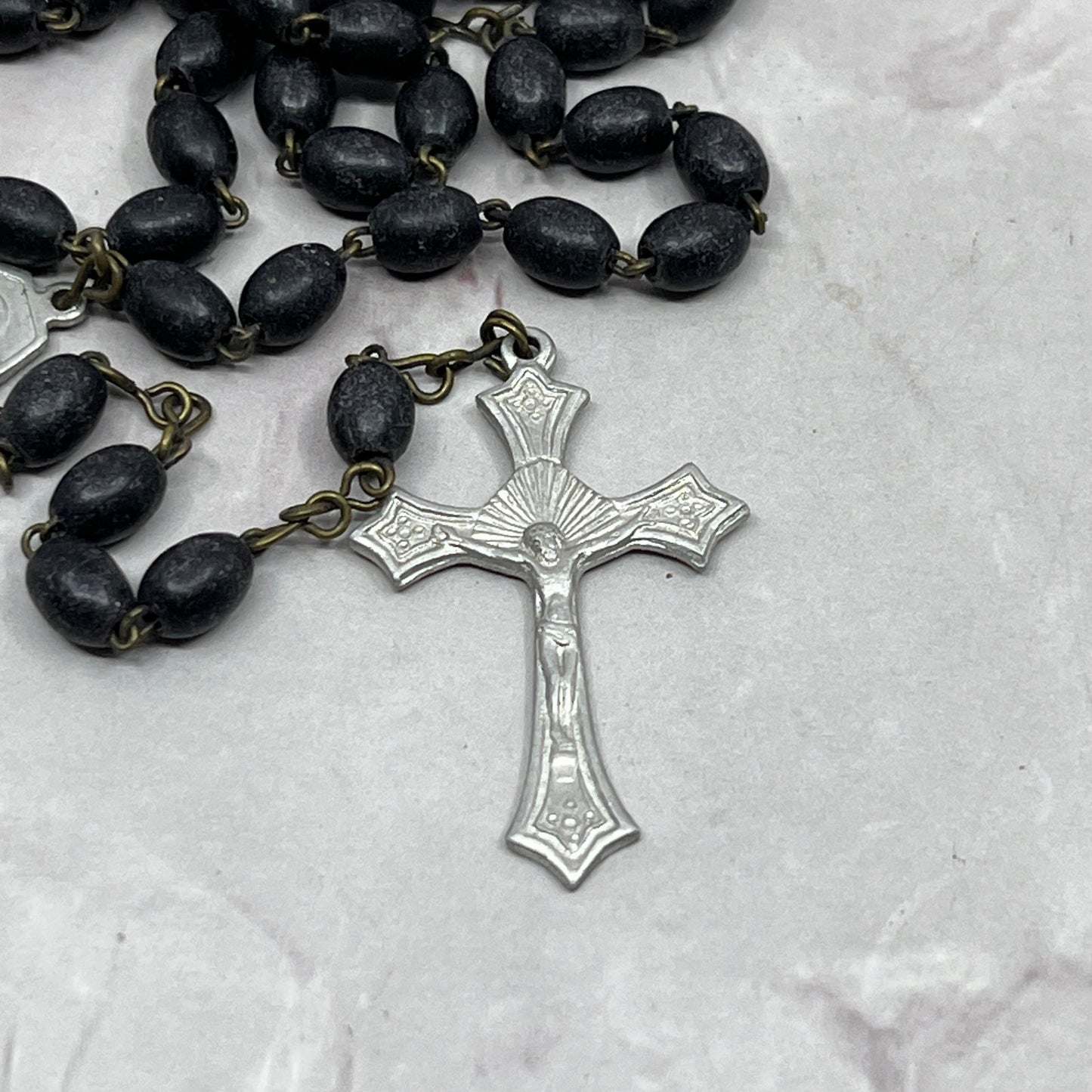 Vintage Black Wood Catholic Rosary Scapular Italy Marian Prayer Beads SE2-2
