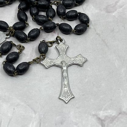 Vintage Black Wood Catholic Rosary Scapular Italy Marian Prayer Beads SE2-2