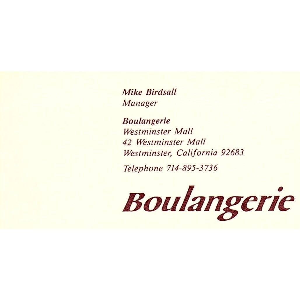 Boulangerie Fashion Mike Birdsall Westminster CA Vintage Business Card SE5-B4