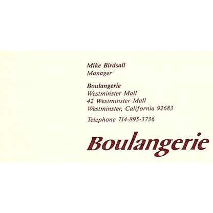 Boulangerie Fashion Mike Birdsall Westminster CA Vintage Business Card SE5-B4
