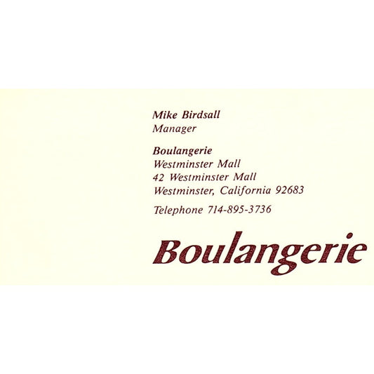 Boulangerie Fashion Mike Birdsall Westminster CA Vintage Business Card SE5-B4