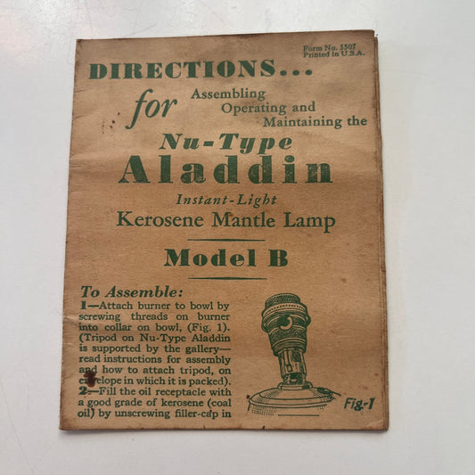 Vintage Nu-Type Aladdin Model B Kerosene Mantle Lamp Instruction Booklet AJ4-M8