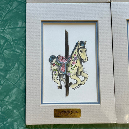 Yellow Carousel Horse 5x7 Matted Print Hand Watercolor, Signed Shar Coulson