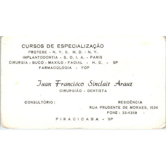 Cursos De Especialização Juan Francisco Sinclair Arauz Dentista Vtg Card SD8-B17