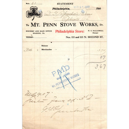 1909 Mt. Penn Stove Works Philadelphia Letterhead Billhead Receipt D11