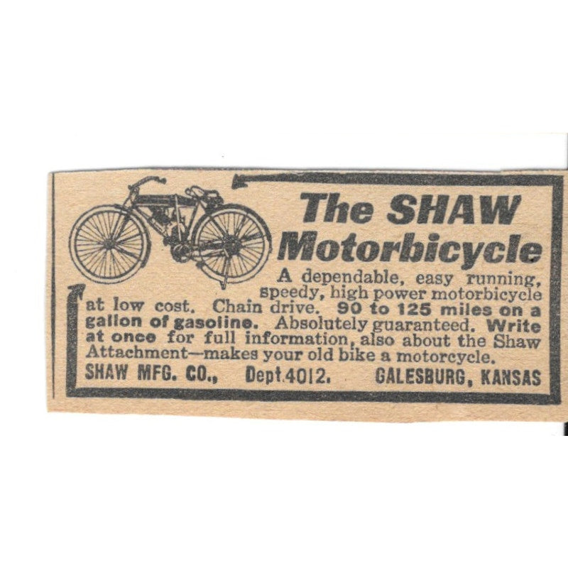 The Shaw Motorbicycle Shaw Mfg Co Galesburg Kansas 1920 Ad AG2-S8