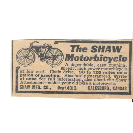 The Shaw Motorbicycle Shaw Mfg Co Galesburg Kansas 1920 Ad AG2-S8