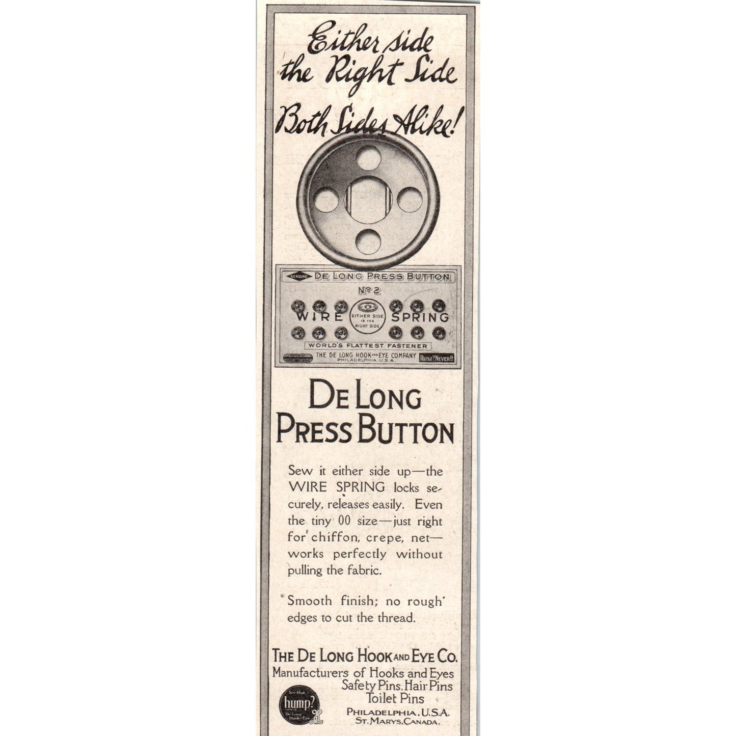 The De Long Hook and Eye Co Press Button Philadelphia 1918 Magazine Ad AF1-WH1