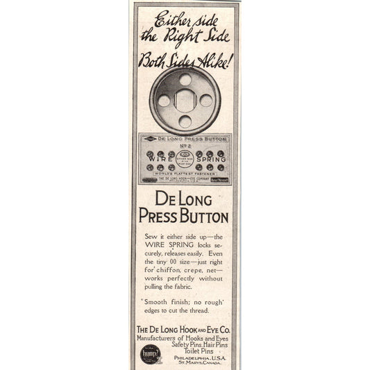 The De Long Hook and Eye Co Press Button Philadelphia 1918 Magazine Ad AF1-WH1