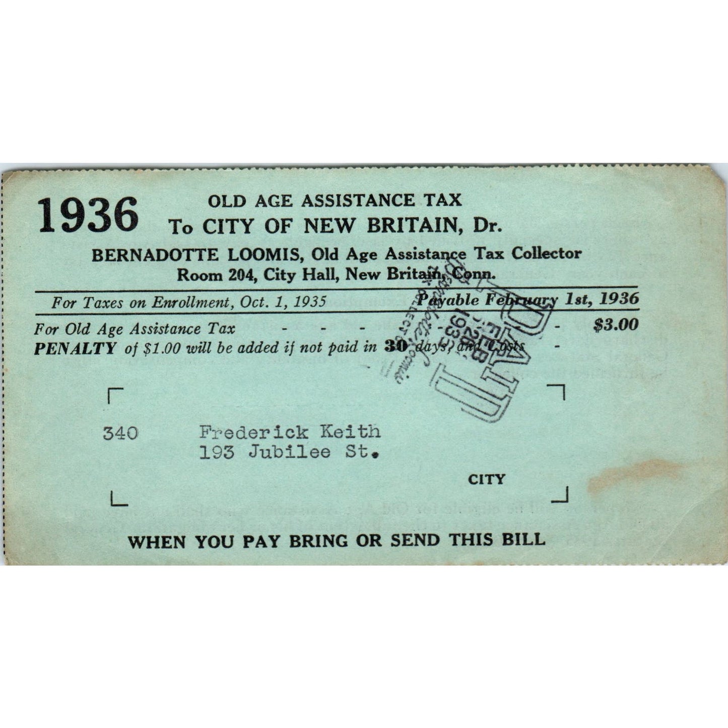 1936 Old Age Assistance Tax Stub Frederick Keith New Britain CT AE7