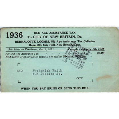 1936 Old Age Assistance Tax Stub Frederick Keith New Britain CT AE7