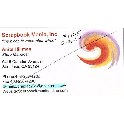 Scrapbook Mania Inc Anita Hillman San Jose CA Vintage Business Card SC9-B9