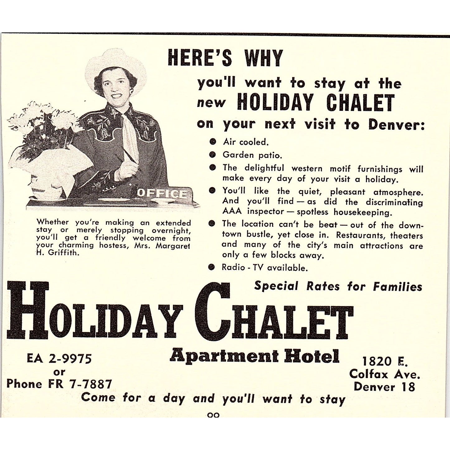 Holiday Chalet Apartment Hotel, Jo Ann Motel Denver CO 1958 Ad AG1-H1