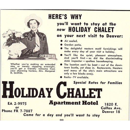 Holiday Chalet Apartment Hotel, Jo Ann Motel Denver CO 1958 Ad AG1-H1