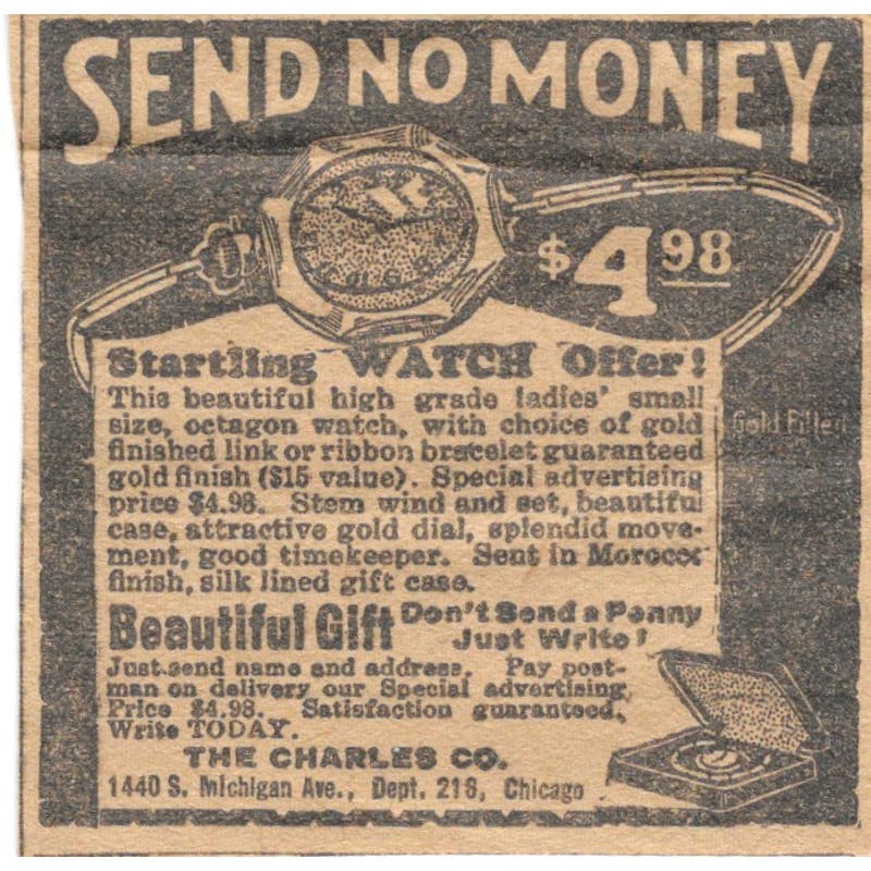 The Charles Co Chicago Pocket Watch Offer 1923 Magazine Ad Clip AE1-7