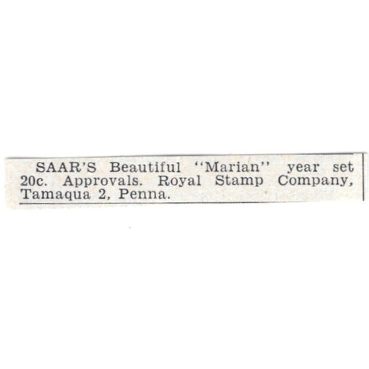 SAAR'S Marian Year Set, Royal Stamp Company, Tamaqua PA 1955 Ad AG1-S9