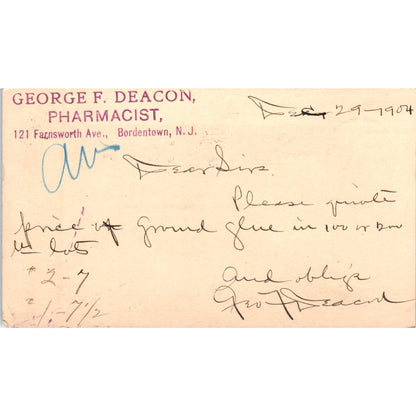 1904 George F. Deacon Pharmacist Bordentown NJ Postal Mailing Card PE4