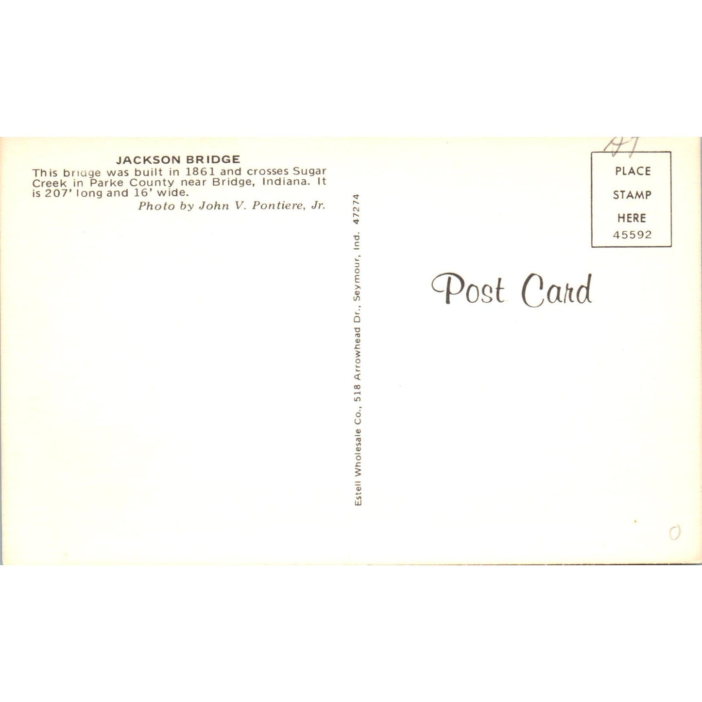 Parke County Bridge Indiana Jackson Covered Bridge Postcard PB13