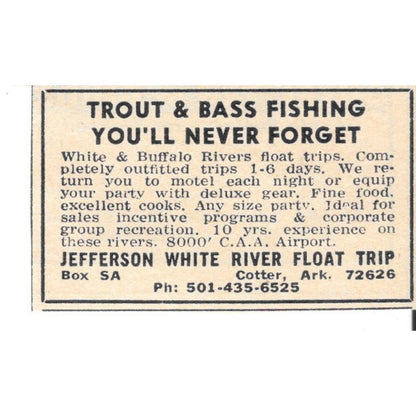 Jefferson White River Float Trip Cotter Arkansas 1977 Ad AF6-S3