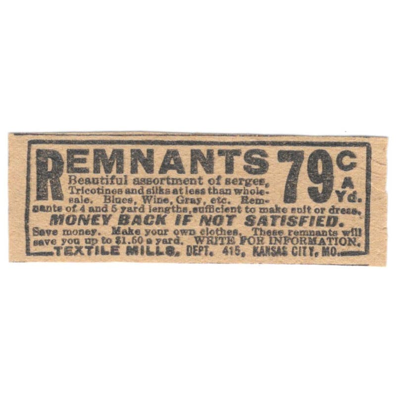 Textile Mills Kansas City MO Remnants 1923 Magazine Ad Clip AE1-8