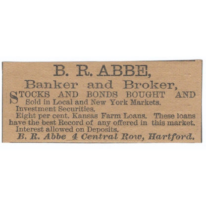 B.R. Abbe Banker Central Row Hartford 1886 Newspaper Ad AF7-SS7