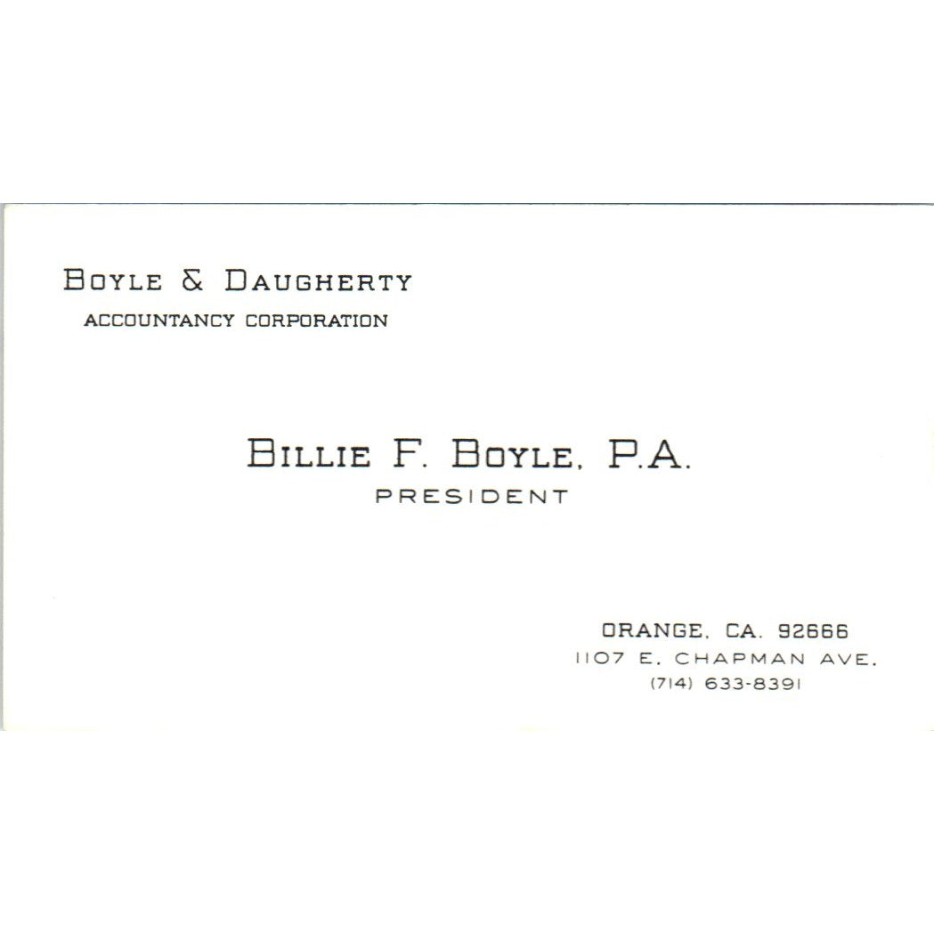 Boyle & Daughtry Accountancy Billie F. Boyle Orange CA Vtg Business Card SD8-B9
