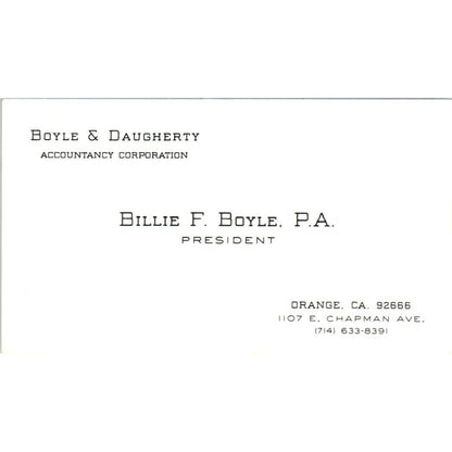Boyle & Daughtry Accountancy Billie F. Boyle Orange CA Vtg Business Card SD8-B9