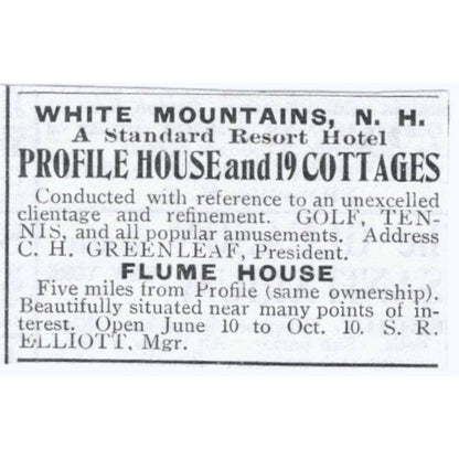 Flume House White Mountains NH S.R. Elliott c1918 Original Advertisement AE5-SV3