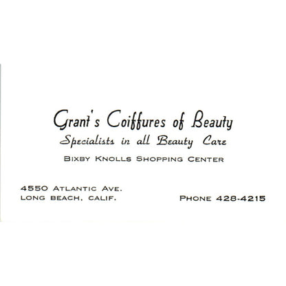 Grant's Coiffures of Beauty Bixby Knolls Long Beach CA Vtg Business Card SD8-B11
