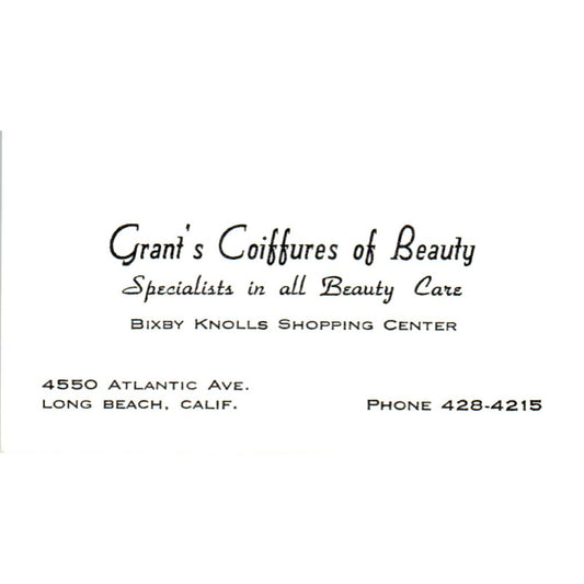 Grant's Coiffures of Beauty Bixby Knolls Long Beach CA Vtg Business Card SD8-B11