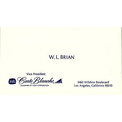 W.L. Brian VP Carte Blanche, Los Angeles CA Vintage Business Card SB4-B2
