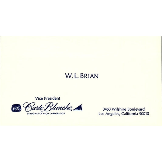 W.L. Brian VP Carte Blanche, Los Angeles CA Vintage Business Card SB4-B2