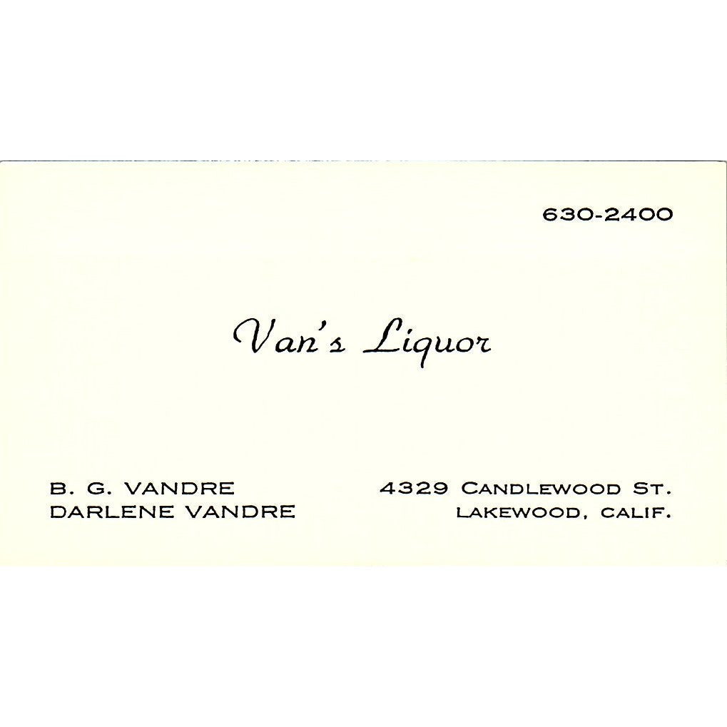 Van's Liquor B.G. & Darlene Vandre Lakewood CA Vintage Business Card SD9-B5