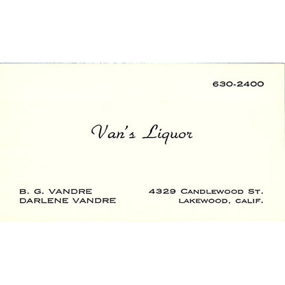 Van's Liquor B.G. & Darlene Vandre Lakewood CA Vintage Business Card SD9-B5