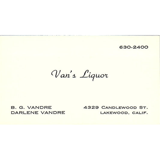 Van's Liquor B.G. & Darlene Vandre Lakewood CA Vintage Business Card SD9-B5