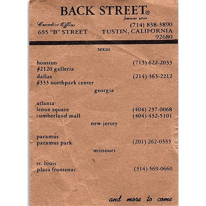 Back Street Feminine Attire Tustin CA Vintage Business Card TH2-B1