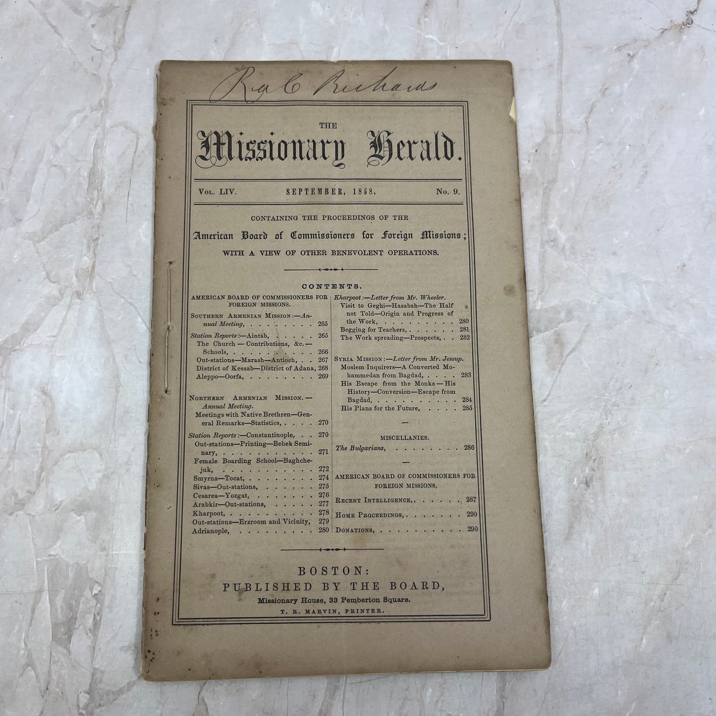 The Missionary Herald Magazine Sept 1858 Southern Armenian Mission TG8-Z