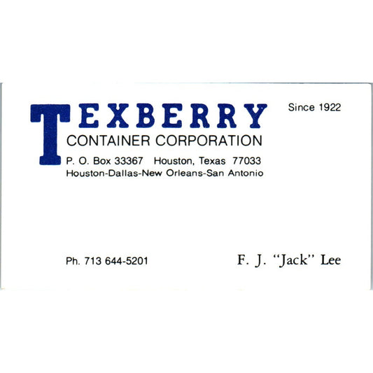 F.J. Jack Lee Texberry Container Corp Houston Vintage Business Card SE3-B10