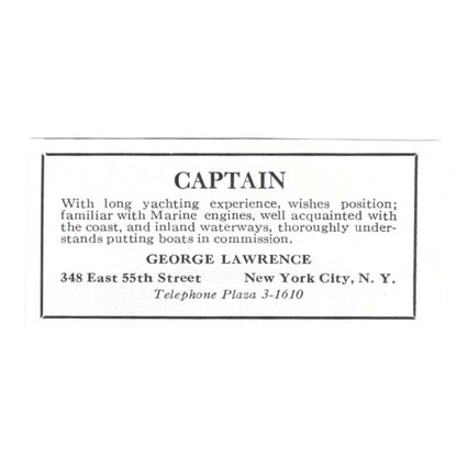 Yacht Captain George Lawrence 348 E. 55th St. New York 1932 Ad AG2-M20