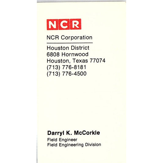 NCR Corporation Darryl K McCorkle Houston Vintage Business Card SC9-B5
