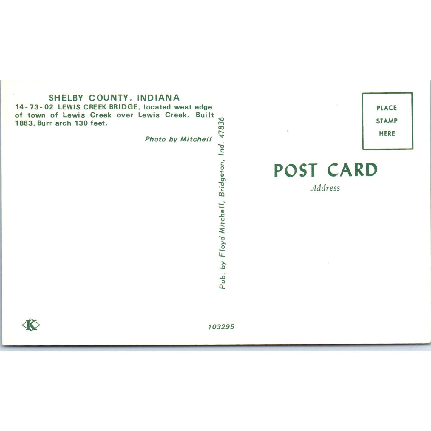 Shelby County Lewis Creek Bridge Indiana Vintage Covered Bridge Postcard PC16