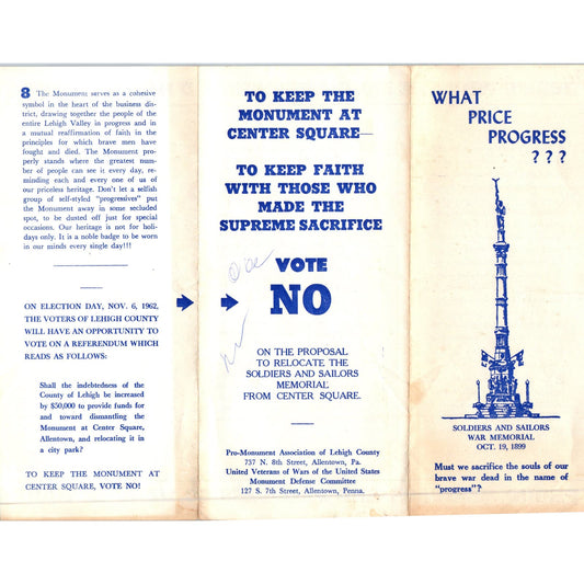 1962 Leaflet Vote No on Removal of Soldiers & Sailors Memorial Allentown PA AE5